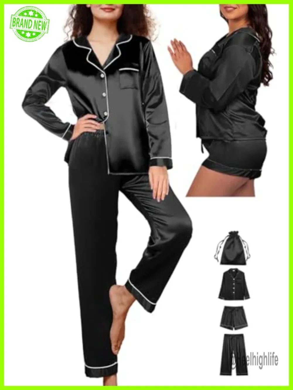 4pcs Satin Pajama Set with Pouch Bag